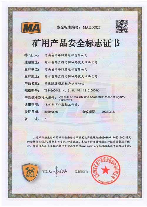 YB3高壓防爆電機(jī)安全標(biāo)志證書(shū)